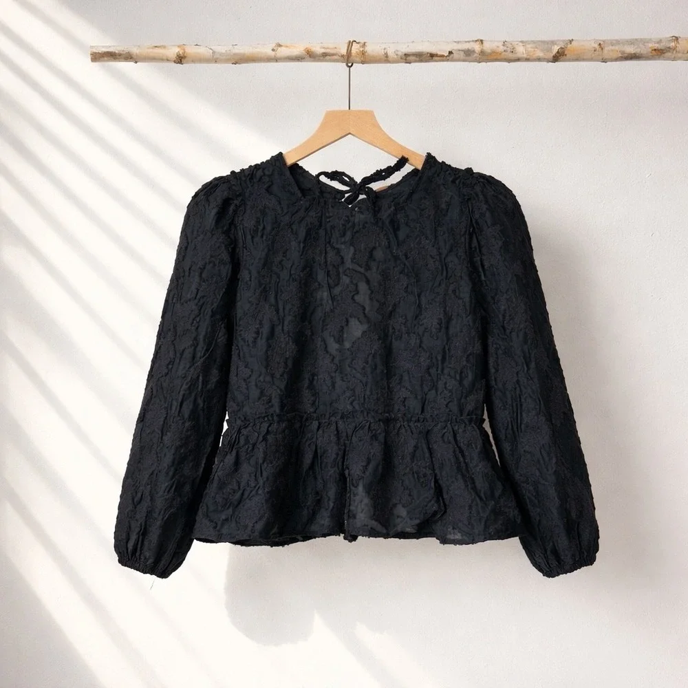 Free People Peplum Blouse Women Large Black Floral Textured Whimsigoth Fairycore